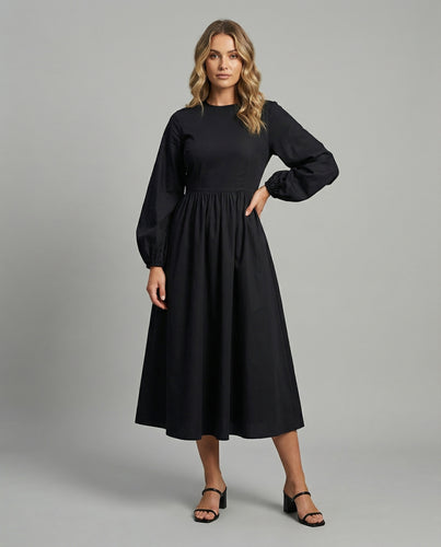 Damen Taillierte Ballonärmel Mischgewebe A-Linien-Midikleid