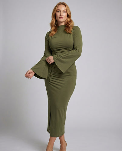 Damen Taillierte Glockenärmel Mischgewebe Maxikleid