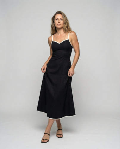 Damen Taillierte Paspelierung Mischgewebe Spaghettiträger-Midikleid
