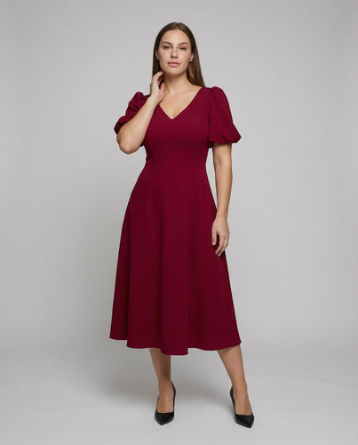 Damen Feminine Flügelärmel Mischgewebe V-Ausschnitt-Midikleid