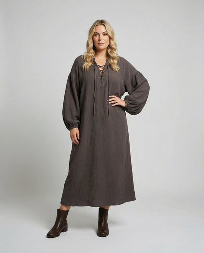 Luftige Schnür-Optik Musselin Musselin-Maxikleid