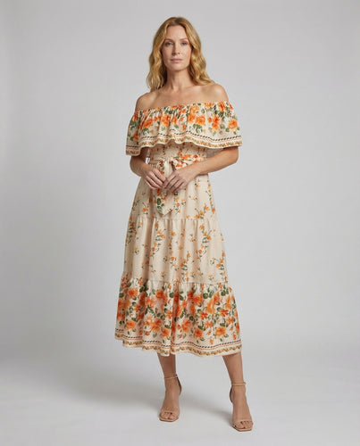 Folklore Carmen-Volant Mischgewebe Maxikleid