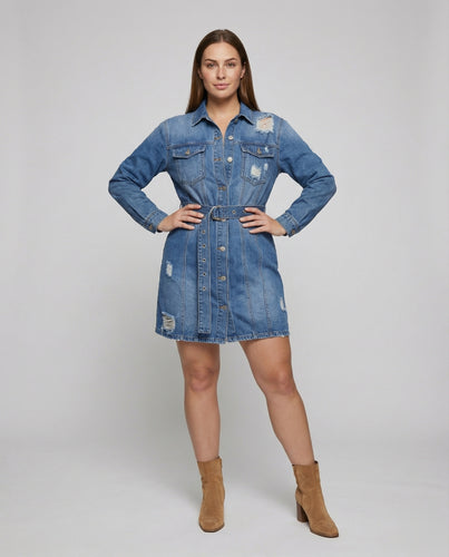 Klassische Fransen-Saum Denim Worker-Denim-Kleid