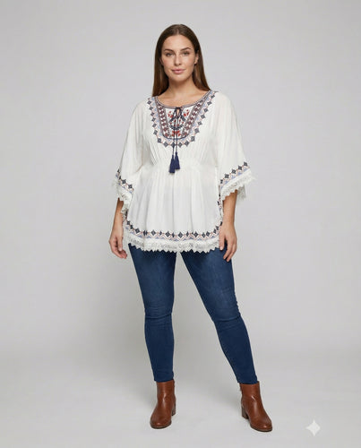 Damen Bestickte Kimonärmel Mischgewebe Boho-Tunika