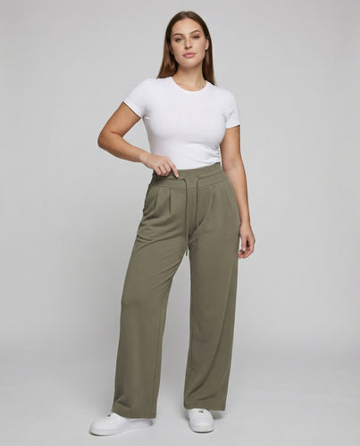 Damen Bodenlange Hoher Rippbund Fleece Oversize-Fleece-Palazzohose
