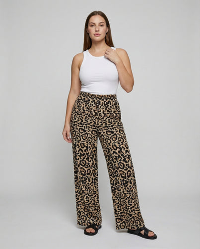 Damen Elegante Tierfleckenprint Mischgewebe Leichtbund-Hose