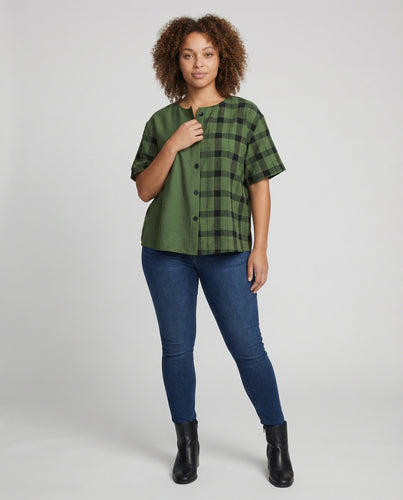 Damen Geometrische Karo-Mix Baumwollmischung Blusenshirt