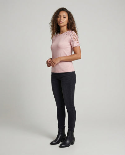 Damen Romantische Häkelspitze Jersey Rundhals-Shirt
