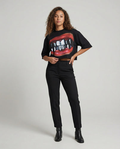 Damen Grafische Lippen-Motiv Mischgewebe T-Shirt