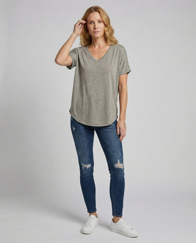 Damen Schlichte Lockerer Schnitt Mischgewebe V-Ausschnitt T-Shirt
