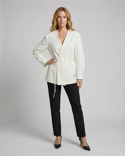 Damen Elegante Kordelzug-Taillierung Mischgewebe Wickelblazer