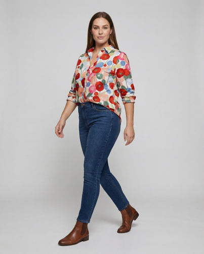 Damen Romantische Aquarellblumenprint Baumwollmischung Hemdbluse
