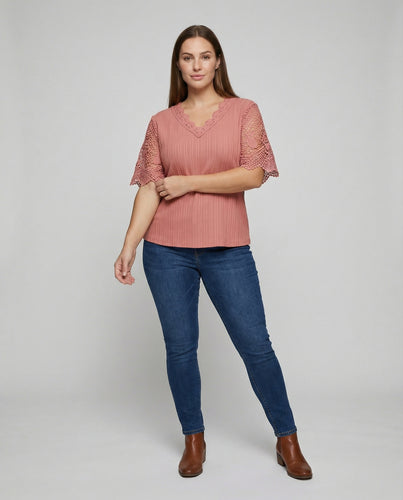 Damen Feminine Spitzen-V-Ausschnitt Rippjersey Blusenshirt