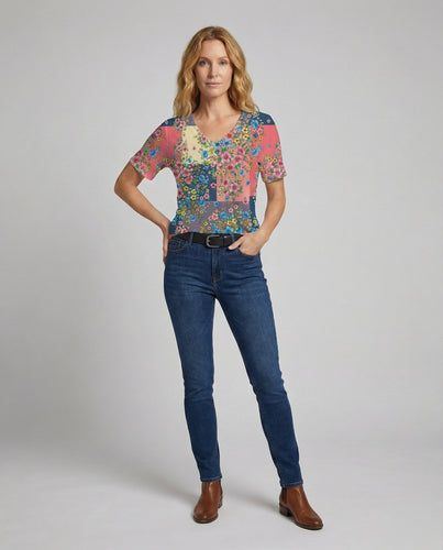 Damen Florale Allovermuster Mischgewebe Patchwork-Bluse