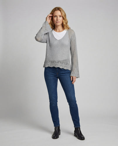 Damen Romantische Ajourmuster Strick V-Ausschnitt-Pullover