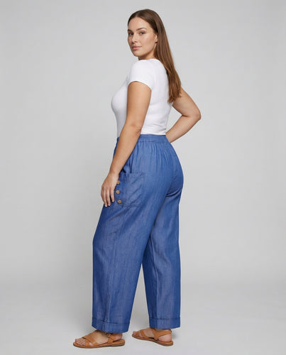 Damen Bequeme Zierknopf-Taschen Mischgewebe Palazzo-Hose