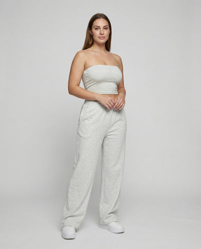 Damen Sportliche Nahtfreies Top Sweat Bandeau-Palazzo-Set