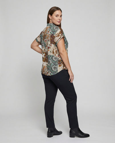 Damen Modische Umschlagärmel Mischgewebe Patchwork-Hemdbluse