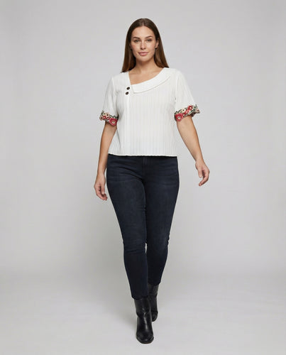 Damen Feminine Florale Stickkante Mischgewebe Kurzarmbluse