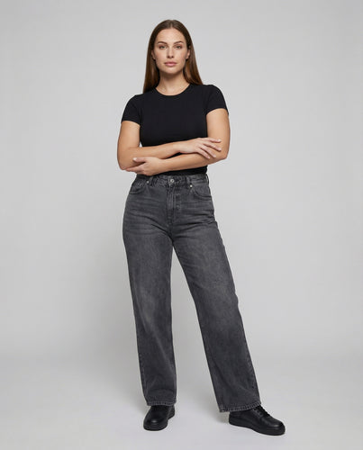 Damen Retro Vintage-Faltenoptik Denim Relax-Denimhose