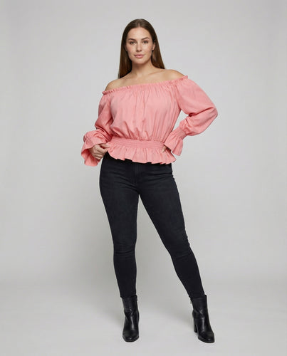Damen Feminine Volantsaum Mischgewebe Carmenbluse