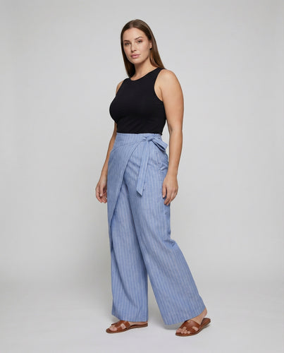 Damen Gestreifte Wickel-Optik Leinenmischung Wickel-Palazzohose
