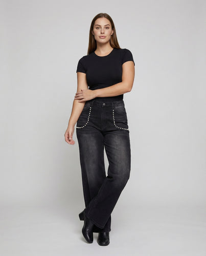 Damen Elegante Zierperlen-Details Denim Denim-Palazzohose