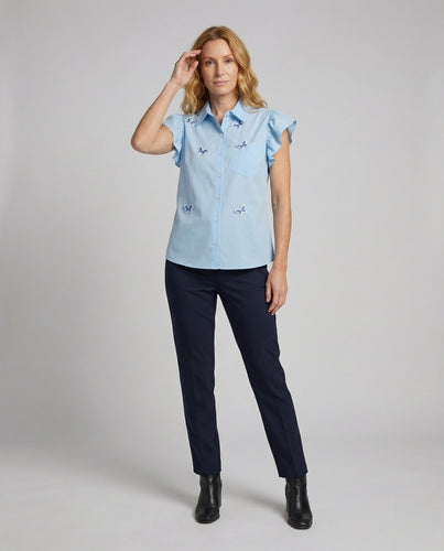 Damen Verspielte Schmetterling-Applikationen Baumwollmischung Kurzarm-Bluse