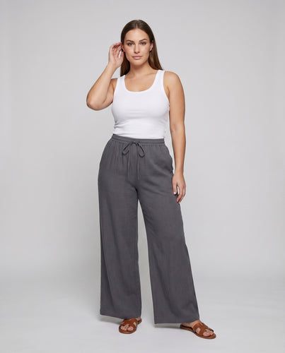 Damen Rustikale Tiefe Seitentaschen Leinenoptik High-Waist-Loungehose