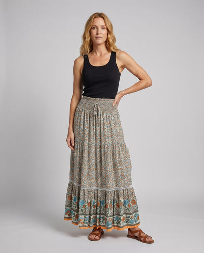 Damen Ethnische Florale Bordüre Mischgewebe Boho-Maxirock