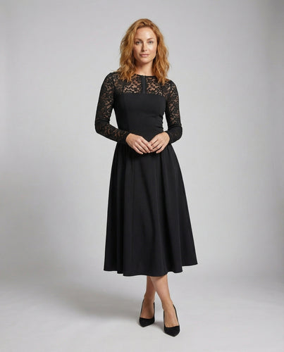 Damen Elegante Transparente Langärmel Spitze Midikleid