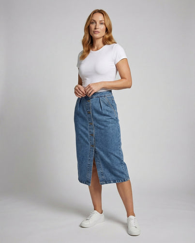 Damen Klassische Durchgehende Knopfleiste Denim Denim-Midirock