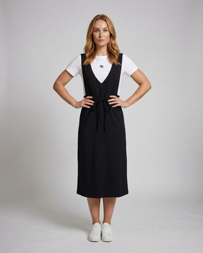Damen Rustikale Kordelzug-Taille Mischgewebe Latz-Midikleid