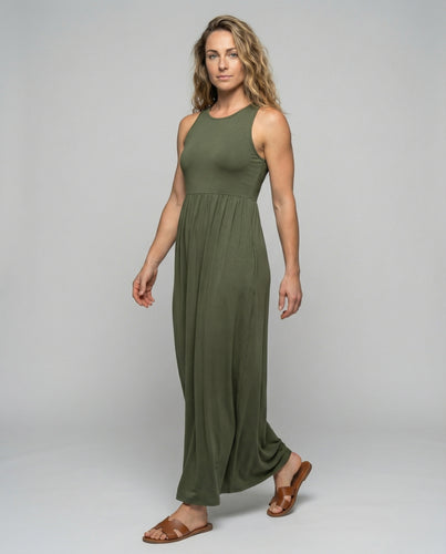 Damen Bequeme Taillenhohe Teilungsnaht Baumwollmix Komfort-Maxikleid