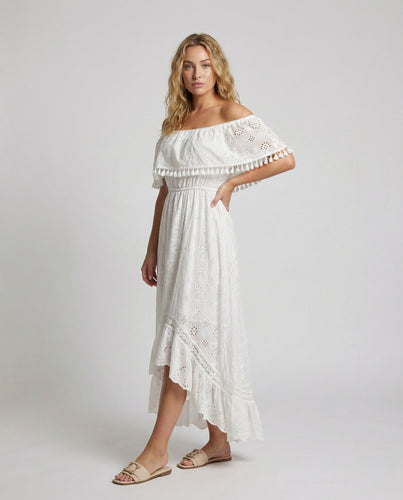 Damen Romantische Carmen-Ausschnitt Broderie-Spitze Carmen-Broderie-Maxikleid