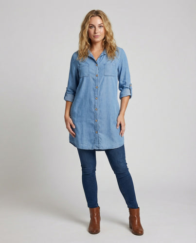 Damen Klassische Ärmelriegel-Detail Chambray Chambray-Tunika-Hemdkleid