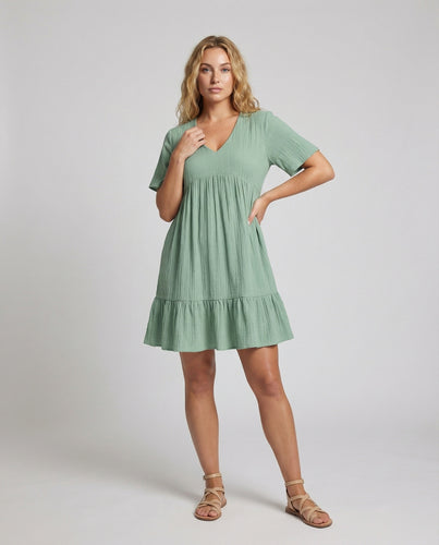 Damen Feminine Taillenhohe Raffung Crinkle-Stoff Crinkle-Babydollkleid