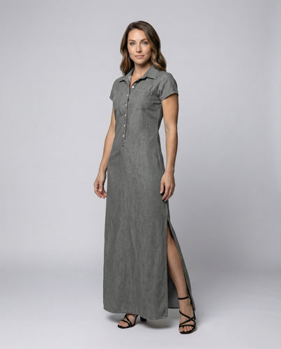 Damen Klassische Taillierte Brustabnäher Mischgewebe Hemd-Maxikleid