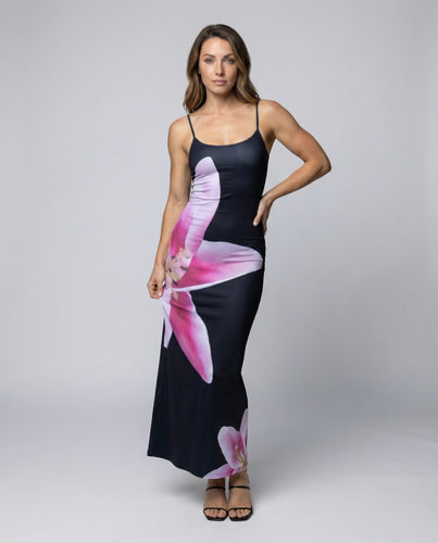 Damen Grafische Seitlicher Orchideenprint Mischgewebe Maxikleid