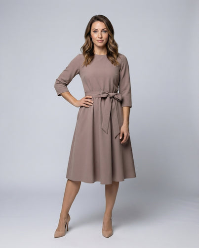 Damen Schlichte Taillierter Bindegürtel Mischgewebe Midikleid