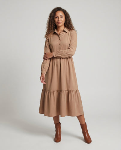 Damen Klassische Geraffter Stufenrock Mischgewebe Midikleid