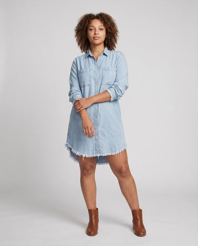 Damen Urbane Ausgefranster Saum Webstoff Hemdkleid