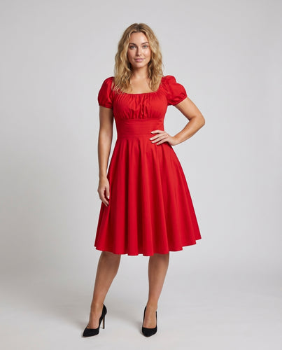 Damen Klassische Taillenbetonte Stretch-Passe Mischgewebe Teller-Midikleid