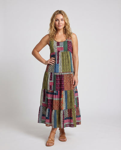 Damen Ethnische Weiter Swing-Schnitt Mischgewebe Patchwork-Midikleid