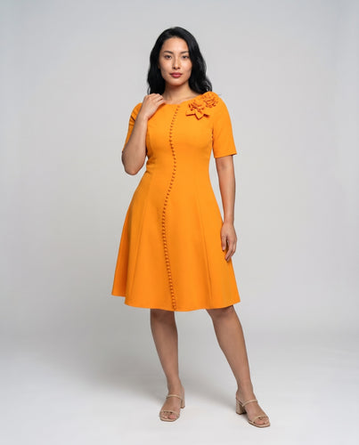 Damen Klassische Abnehmbare Rosenbrosche Mischgewebe Midikleid