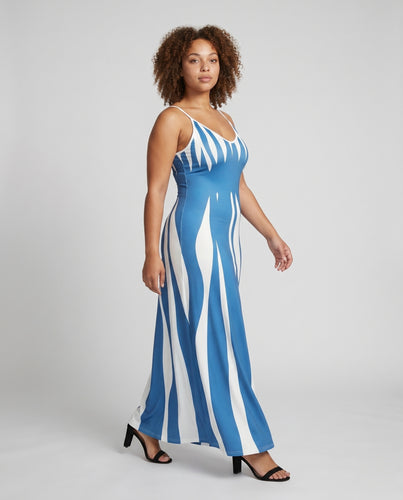 Damen Grafische Wellenförmiges Längsstreifenmuster Mischgewebe Säulen-Maxikleid