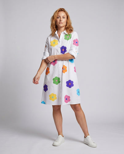 Damen Florale Großflächiges Blumenmotiv Mischgewebe Hemdblusen-Midikleid