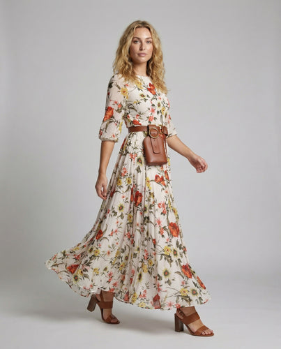 Damen A-Linien Stufenkleid Blüten-Print Volumen-Ärmel