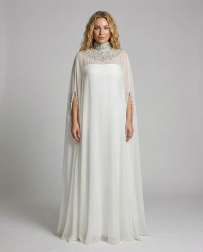 Damen Cape-Abendkleid Stehkragen Chiffon-Überwurf
