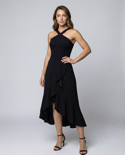 Damen Midi Cocktailkleid Neckholder Volant-Rock